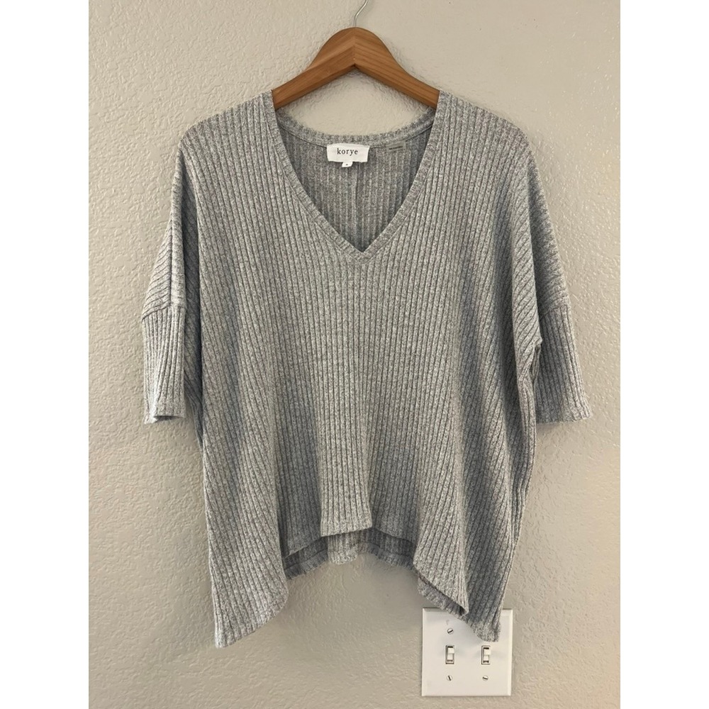 Korye Womens Gray Ribbed V-Neck Oversized‎ Knit Top Short Sleeve NT16423B Small